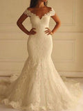 Vestidos de novia sexys de encaje con hombros descubiertos y corte sirena largo