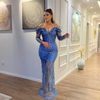 Abito lungo da sera formale con spalle scoperte, pizzo e tulle a sirena, seducente