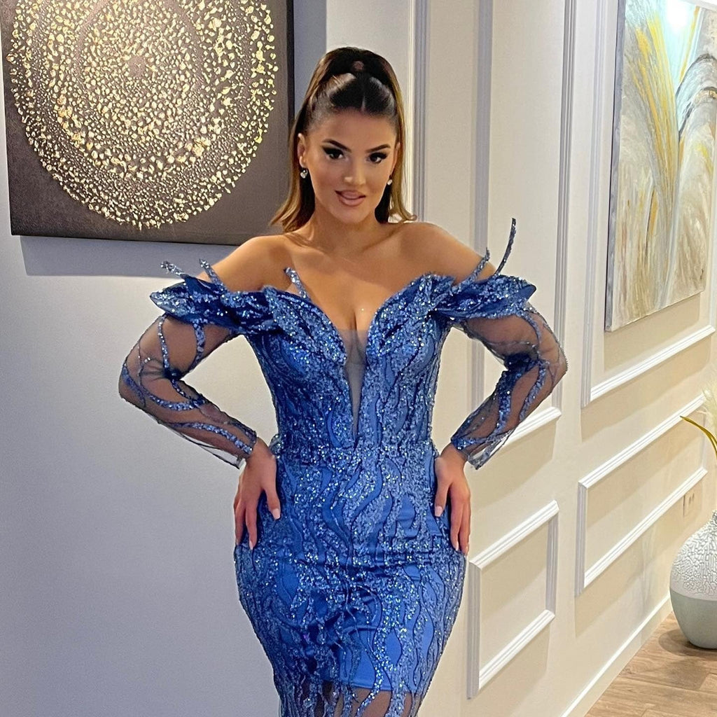 Abito lungo da sera formale con spalle scoperte, pizzo e tulle a sirena, seducente