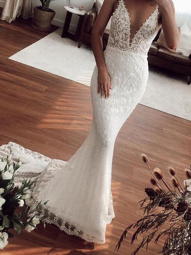 Vestidos de Noiva Sexy Longos com Decote em V, Renda e Tule em Estilo Sereia