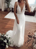 Vestidos de Noiva Sexy Longos com Decote em V, Renda e Tule em Estilo Sereia