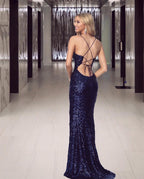 Robes de bal longues sirène sexy à col en V avec paillettes et fente