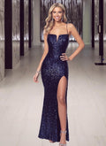 Robes de bal longues sirène sexy à col en V avec paillettes et fente
