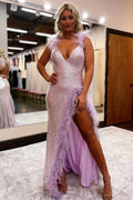 Sexy Long Mermaid V-neck Sequined Sleeveless Prom Dress With Slit