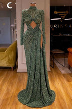 Abito lungo da sera verde menta con paillettes a sirena sensuale