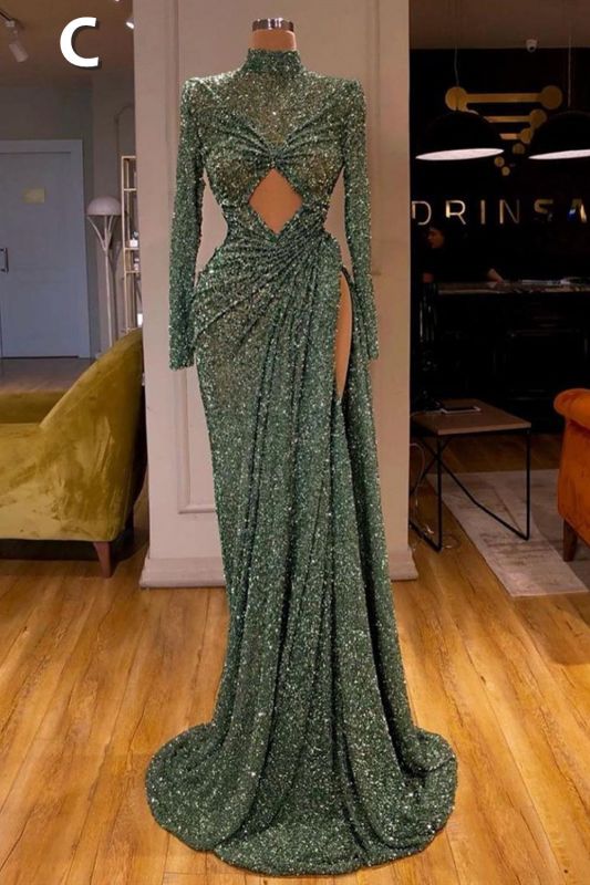 Abito lungo da sera verde menta con paillettes a sirena sensuale