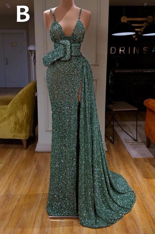 Abito lungo da sera verde menta con paillettes a sirena sensuale