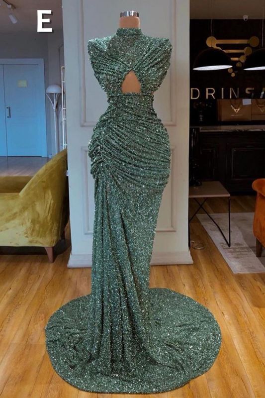 Abito lungo da sera verde menta con paillettes a sirena sensuale