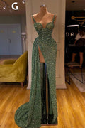 Abito lungo da sera verde menta con paillettes a sirena sensuale