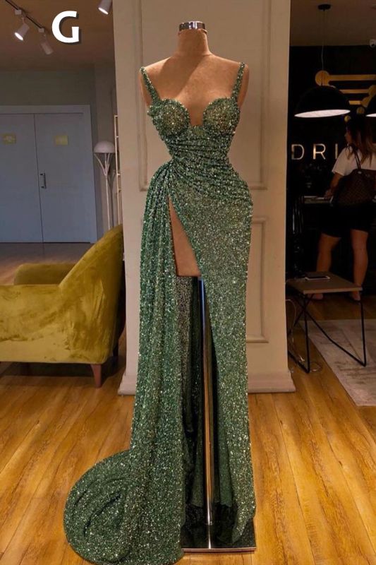 Abito lungo da sera verde menta con paillettes a sirena sensuale