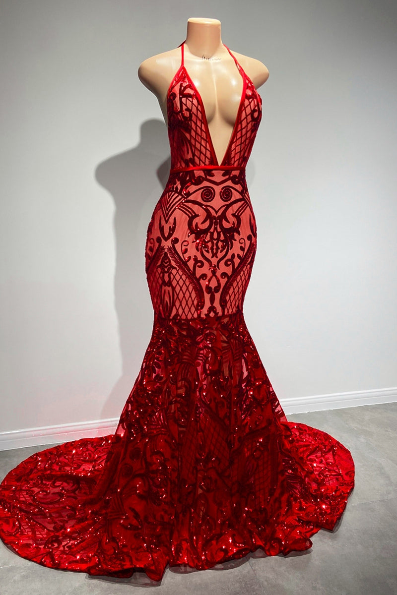 Sexy Long Red Halter Backless V-neck Lace Sleeveless Mermaid Prom Dress
