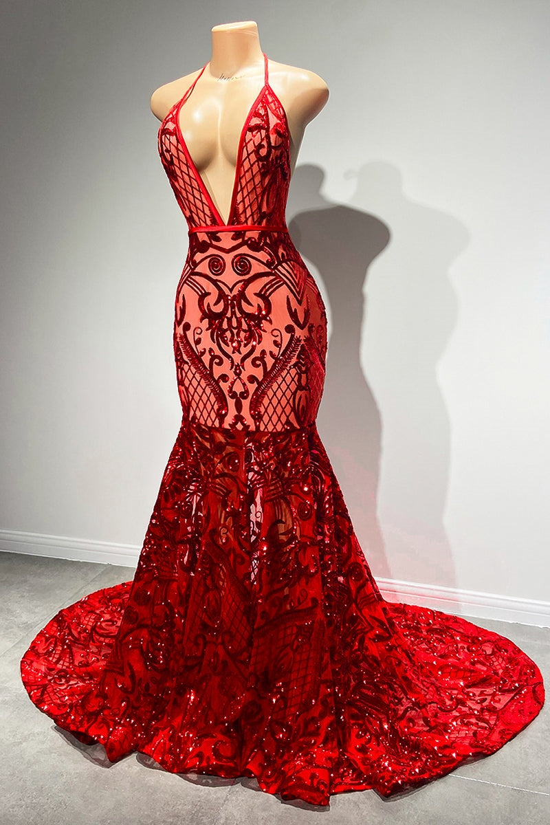 Sexy Long Red Halter Backless V-neck Lace Sleeveless Mermaid Prom Dress