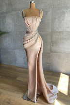 Robe de bal sirène longue en satin de soie avec fente profonde sur le côté