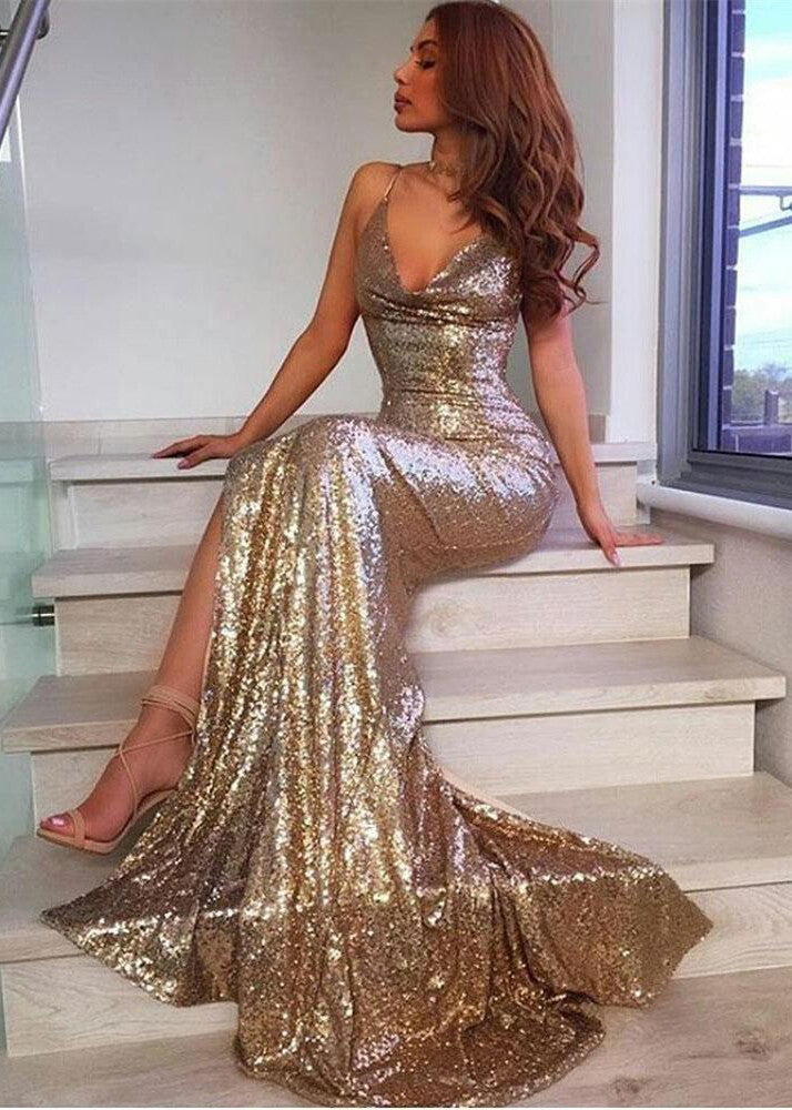 Robe de bal sirène longue sexy à col en V, dos ouvert, paillettes avec fente