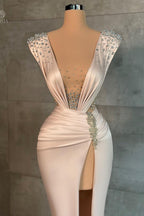 Robe de bal sirène fendue devant à col en V long et séduisant ornée de strass