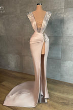 Robe de bal sirène fendue devant à col en V long et séduisant ornée de strass