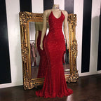 Abito lungo da sera rosso con paillettes e scollo all'americana da sirena sexy