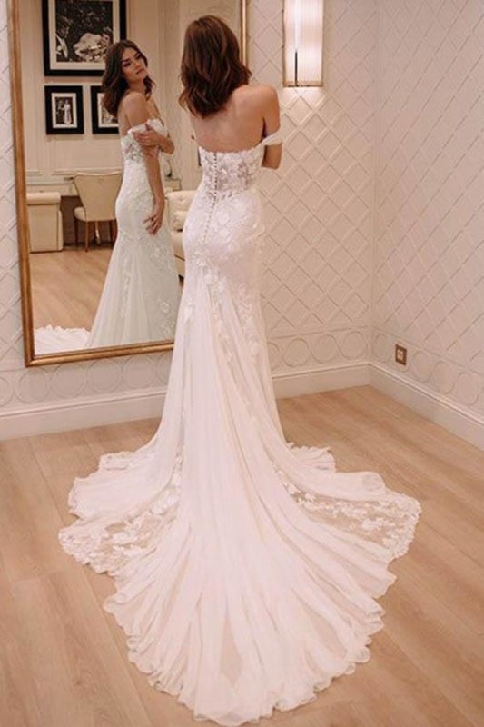 Sexy Off Shoulder Appliqued Beach mit Hofschleppe Elfenbein Elegante Brautkleider