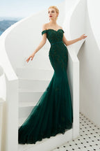 Robe de soirée sirène sexy à épaules dénudées, dos nu, en tulle pour bal de promo