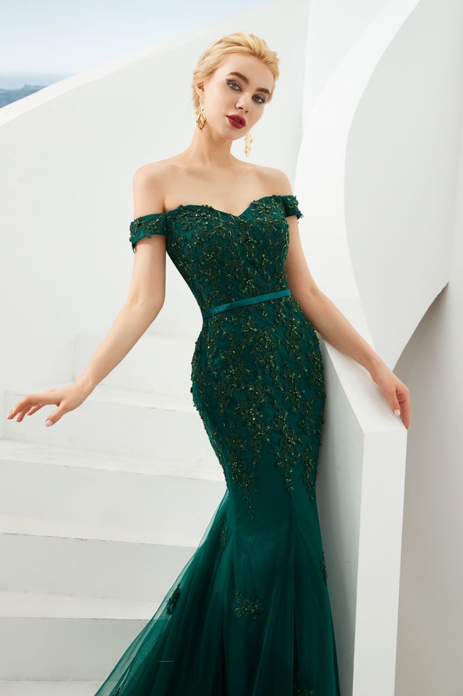 Robe de soirée sirène sexy à épaules dénudées, dos nu, en tulle pour bal de promo