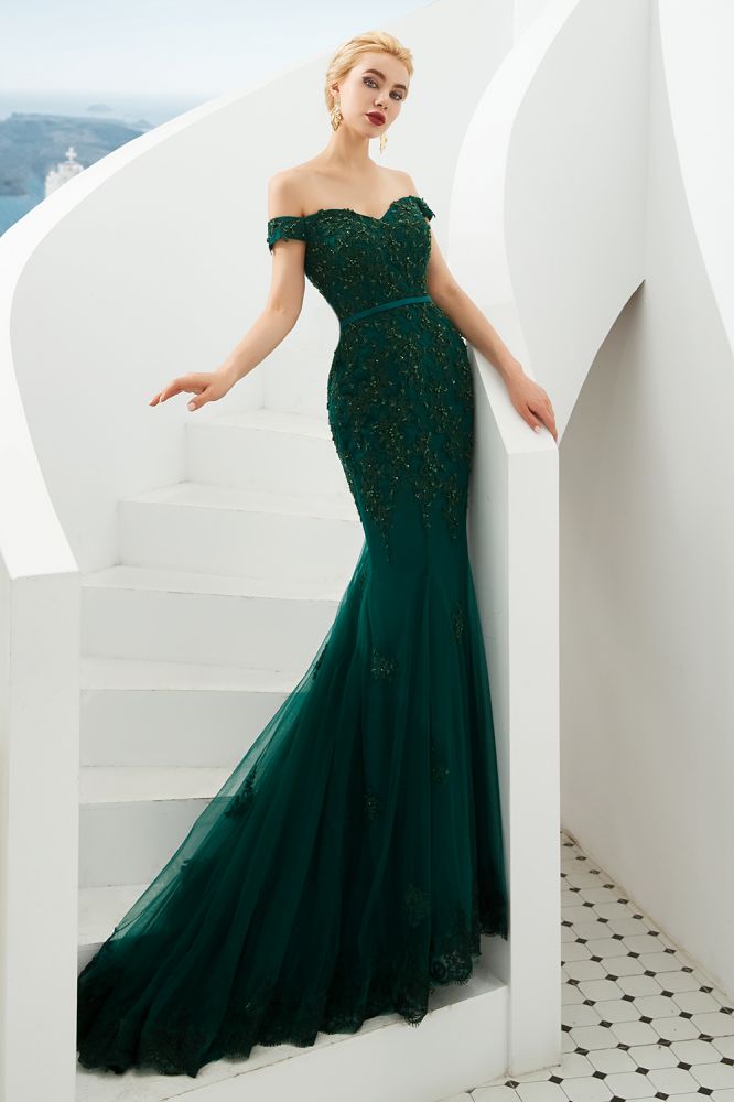 Robe de soirée sirène sexy à épaules dénudées, dos nu, en tulle pour bal de promo
