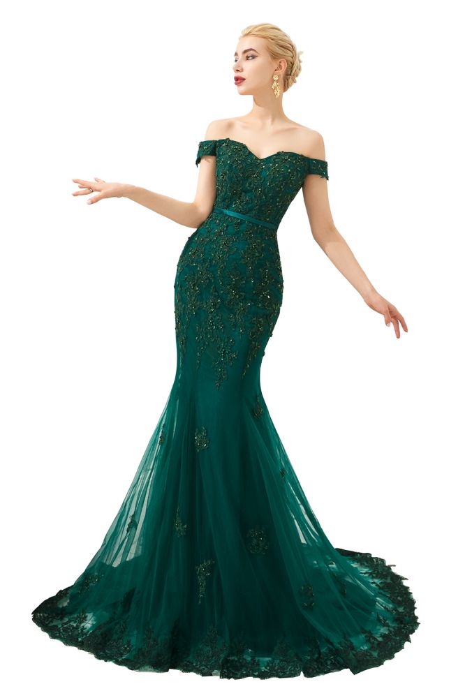 Robe de soirée sirène sexy à épaules dénudées, dos nu, en tulle pour bal de promo