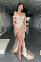 Vestido longo de cetim para baile, sexy, com decote ombro a ombro e racha lateral