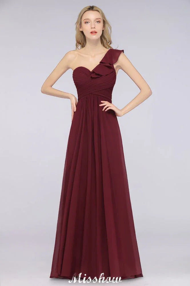 Vestido de Dama de Honra Sem Mangas com Um Ombro Só, Decote Coração, Folhos, para Casamento na Praia e Festa