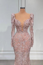 Robe de bal sirène en dentelle rose sexy à manches longues et col en V