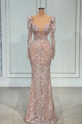 Robe de bal sirène en dentelle rose sexy à manches longues et col en V