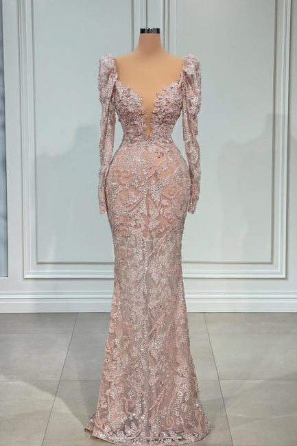 Abito da sera rosa sexy con scollo a V, maniche lunghe in pizzo, modello sirena
