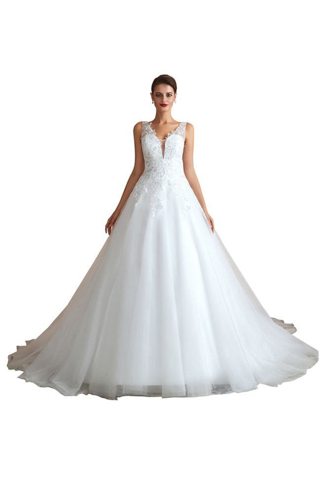 Sexy Pluging V-Ausschnitt Brautkleid Transparente Spitze Aline Brautkleid