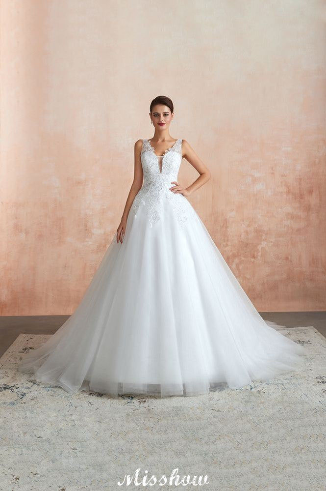 Sexy Pluging V-Ausschnitt Brautkleid Transparente Spitze Aline Brautkleid