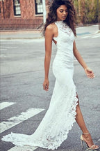 Vestidos de novia elegantes de playa con escote tipo sirena, sexys, con encaje, sin espalda y cola de corte. 