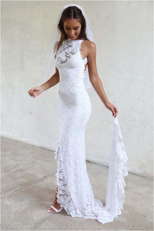 Vestidos de novia elegantes de playa con escote tipo sirena, sexys, con encaje, sin espalda y cola de corte. 