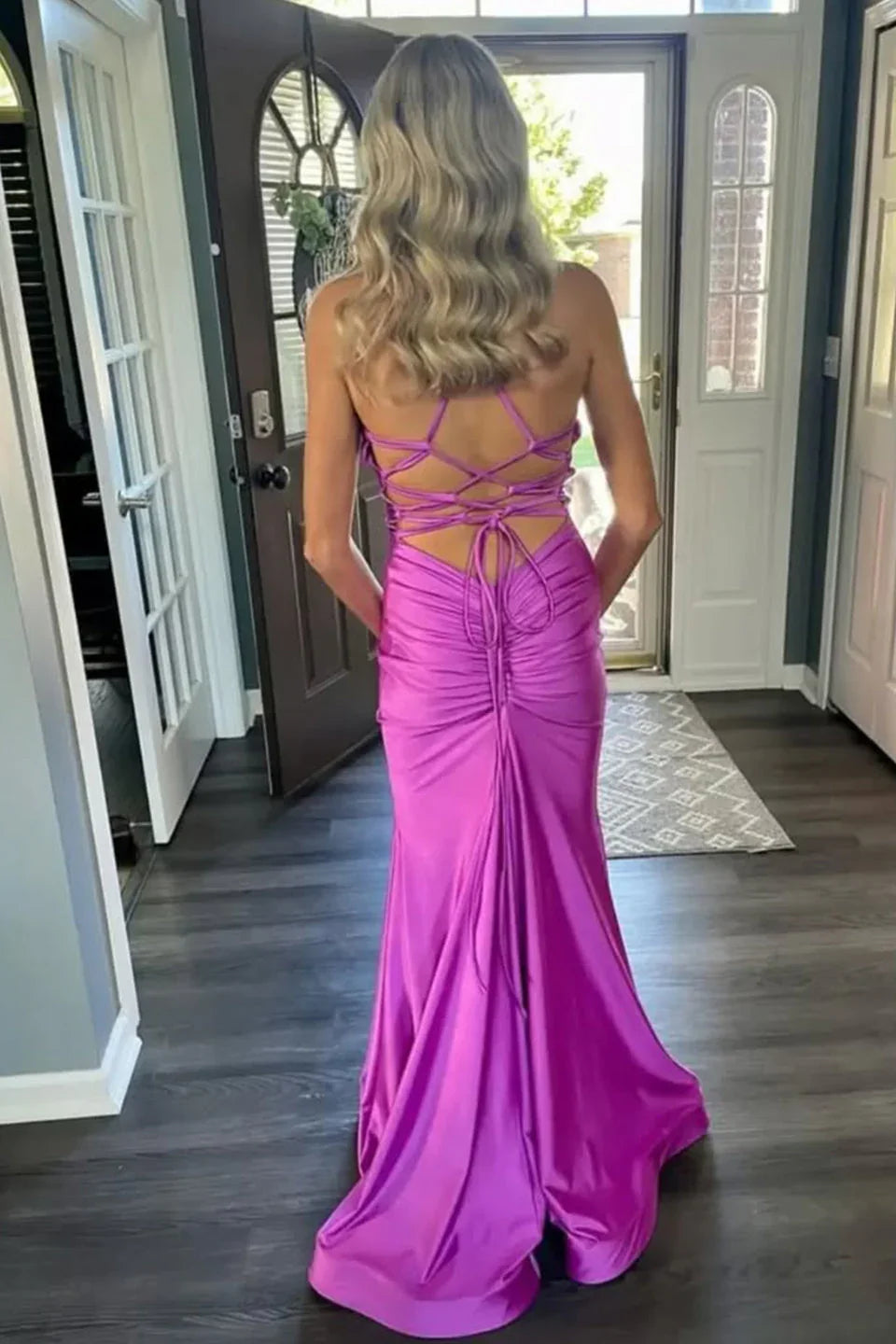 Sarai |Mermaid V-Neck Jersey Formal Dress with Lace-Up Back