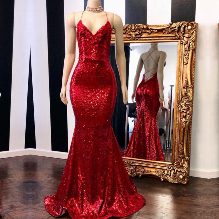 Abiti da sera a sirena con spalline sottili e paillettes rosse seducenti