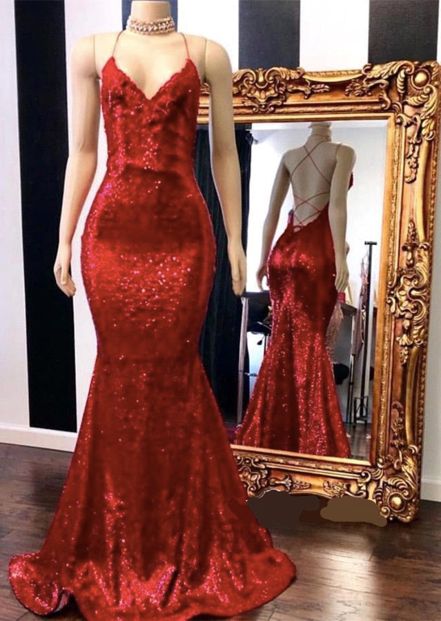 Abiti da sera a sirena con spalline sottili e paillettes rosse seducenti