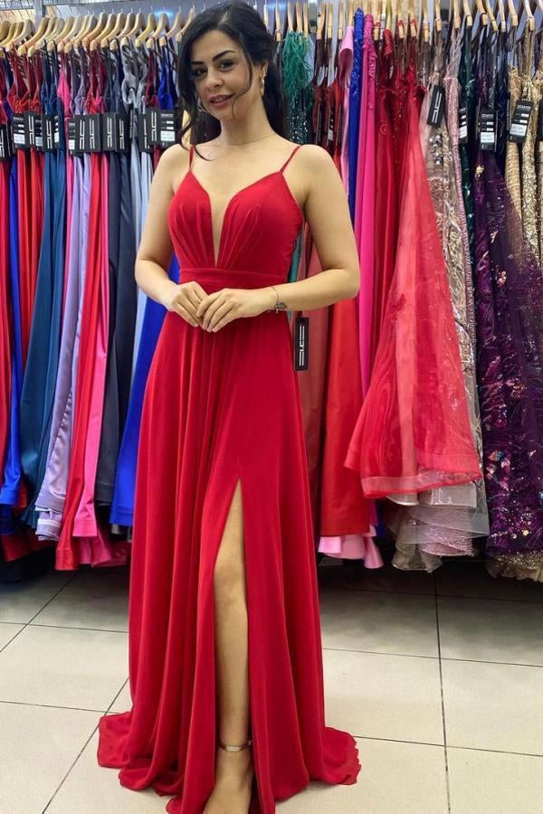 Robe de bal rouge sexy à encolure en V fendue sur le côté avec bretelles fines