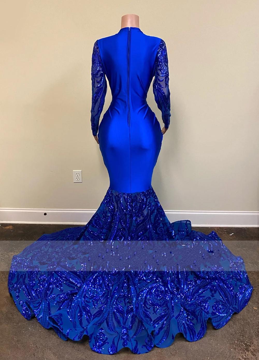 Robes de bal longues sirène bleu royal séduisantes à col en V avec manches