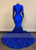 Robes de bal longues sirène bleu royal séduisantes à col en V avec manches