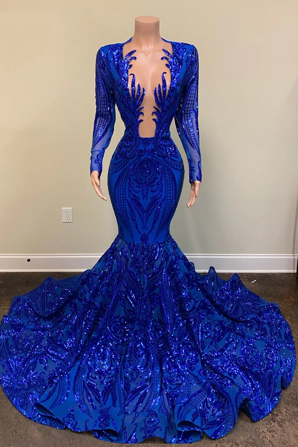 Robes de bal longues sirène bleu royal séduisantes à col en V avec manches