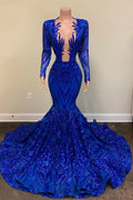 Robes de bal longues sirène bleu royal séduisantes à col en V avec manches
