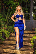 Sexy königsblaues schulterfreies Satin-Meerjungfrauen-Ballkleid mit Schlitz vorne
