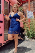 Vestidos Curtos para Regresso a Casa, Sem Mangas, com Alças Finas, Decote em V, Azul Real Sedutor