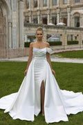 Robe de mariée sexy en satin, ligne A, sans manches, décolletée épaules nues, ornée de paillettes, avec fente