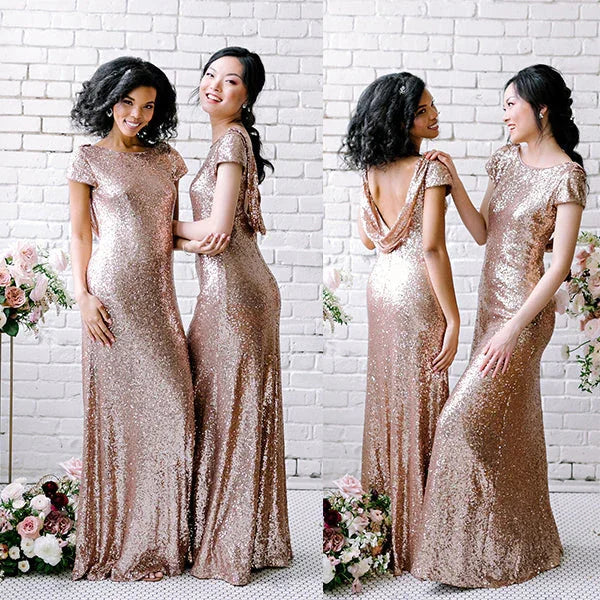 Sexy Sequined Bridesmaid Dresses Rose Gold Long Wedding Guest Dresses