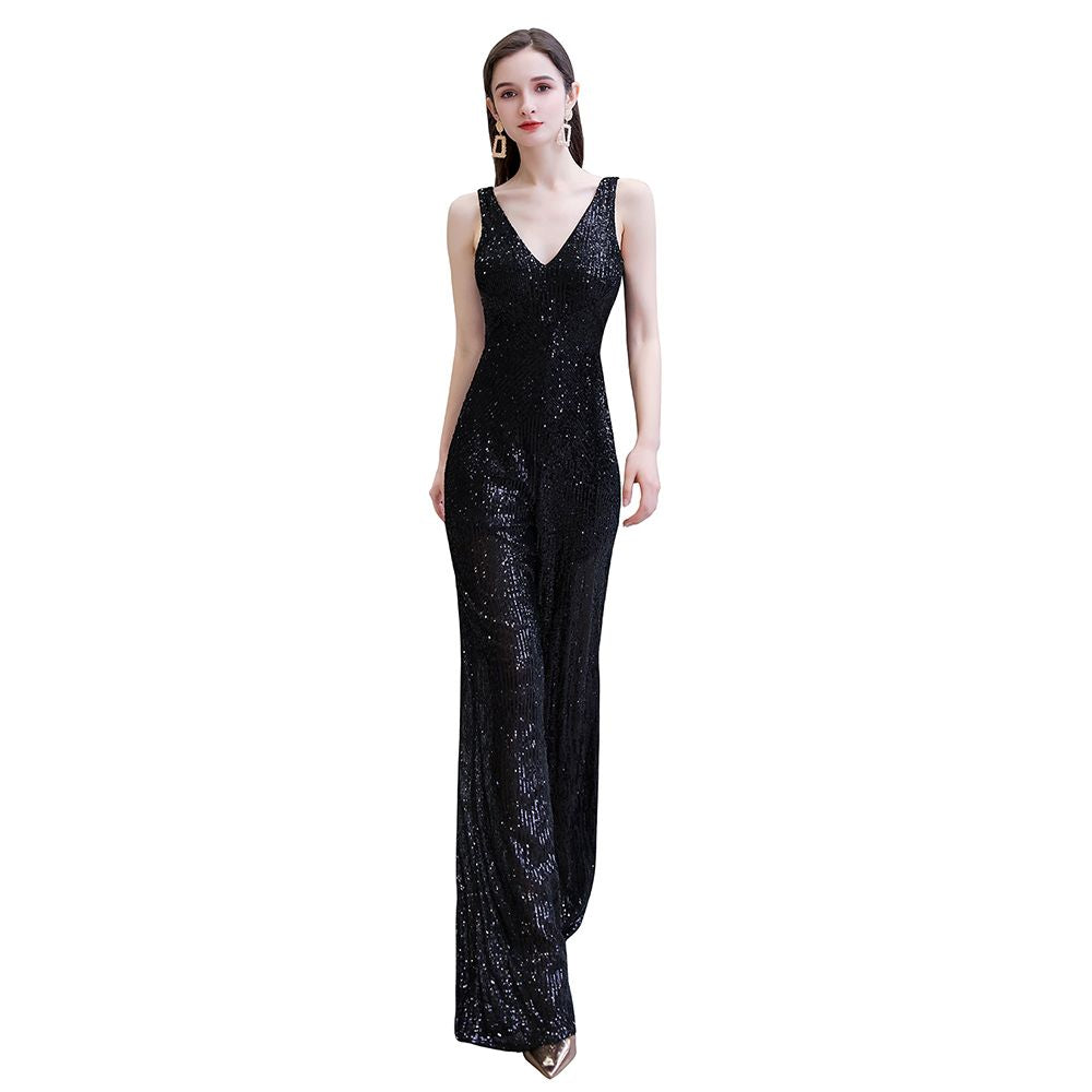 Tuta elegante senza maniche con scollo a V, paillettes argento scintillanti