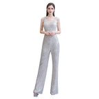 Tuta elegante senza maniche con scollo a V, paillettes argento scintillanti