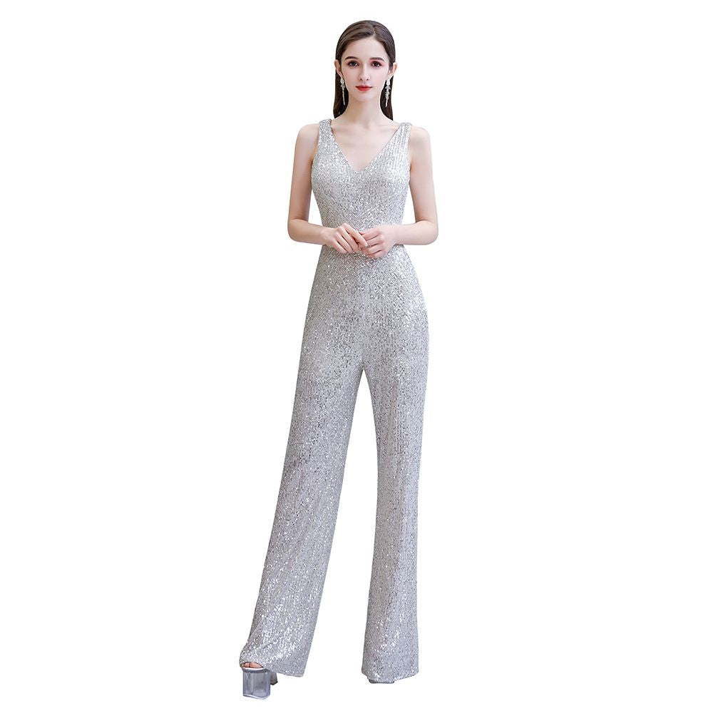 Tuta elegante senza maniche con scollo a V, paillettes argento scintillanti